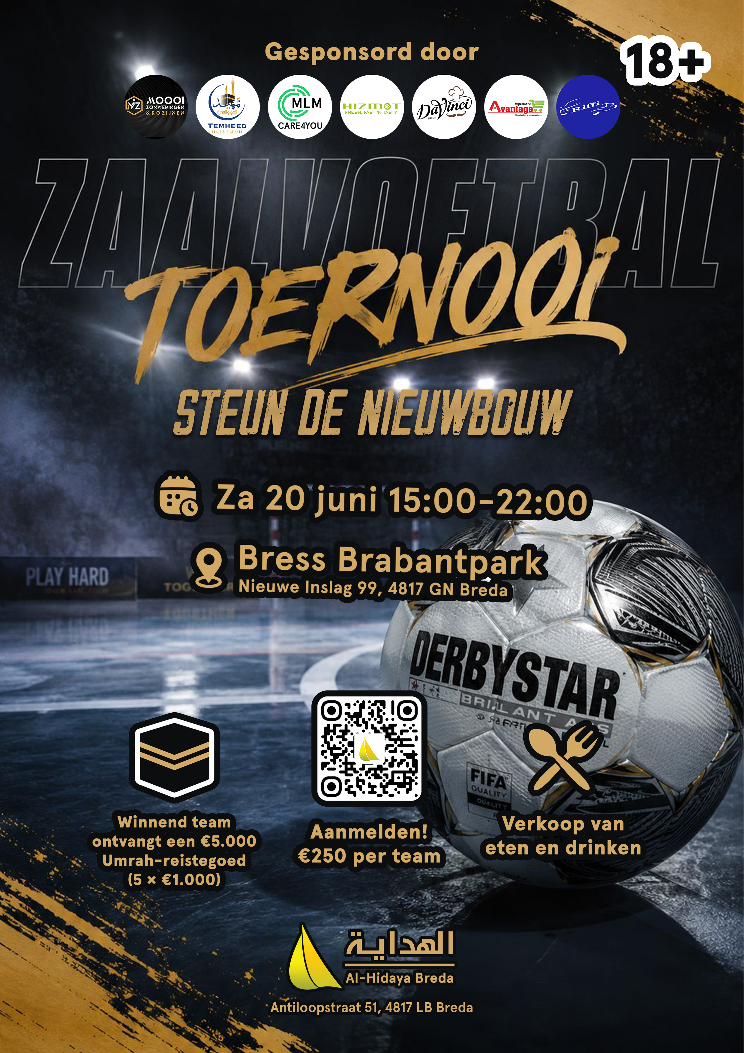 Poster zaalvoetbaltoernooi voor de nieuwe bouw